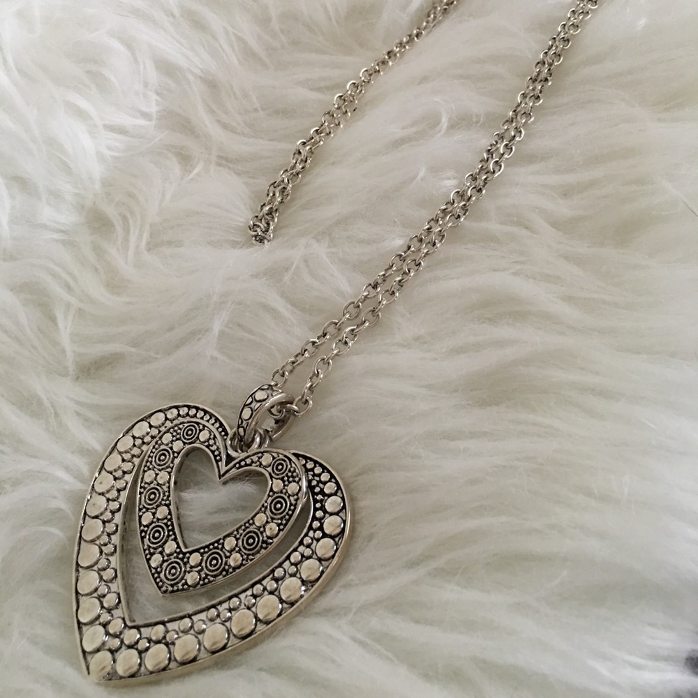Silver Double Heart Long Pendant Necklace N/WOT